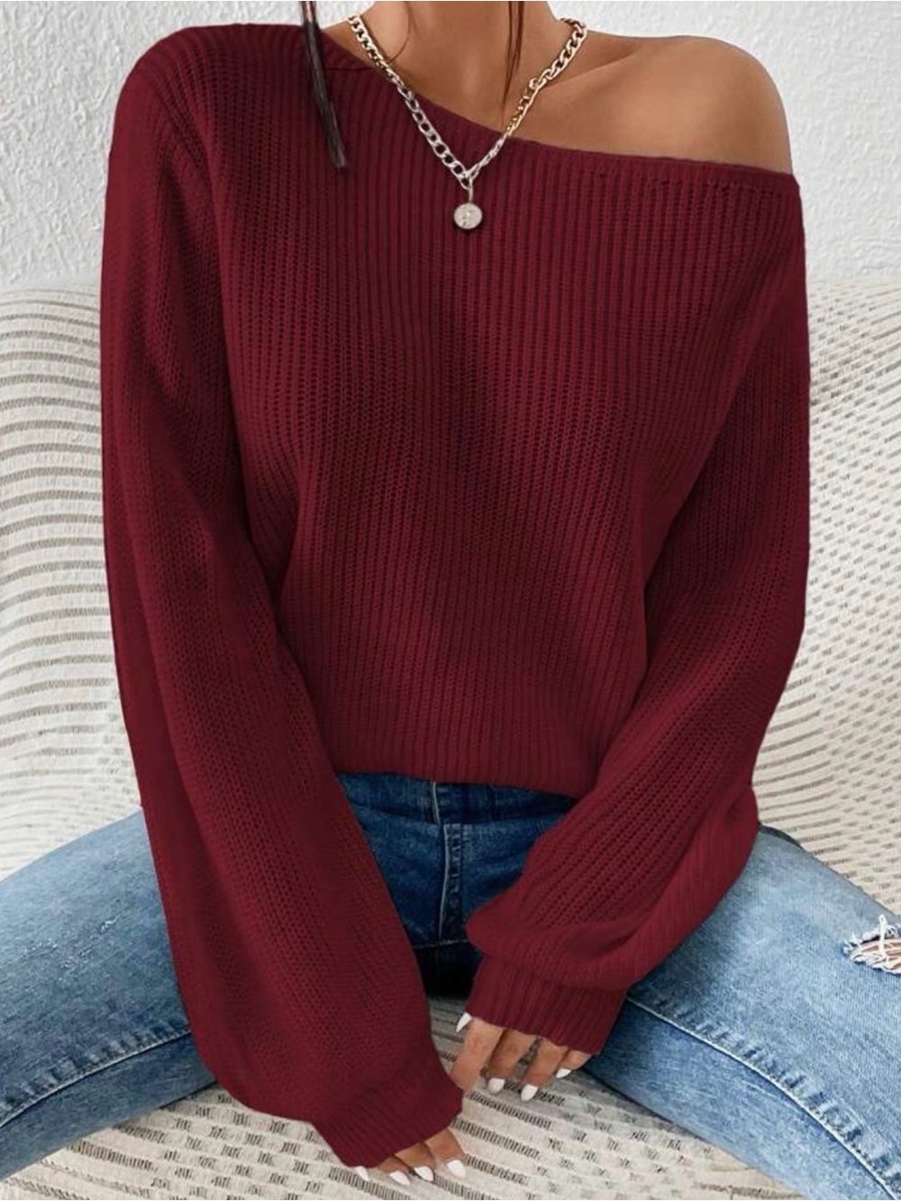 Off-Shoulder Ribbed Knit Sweater - Burgundy